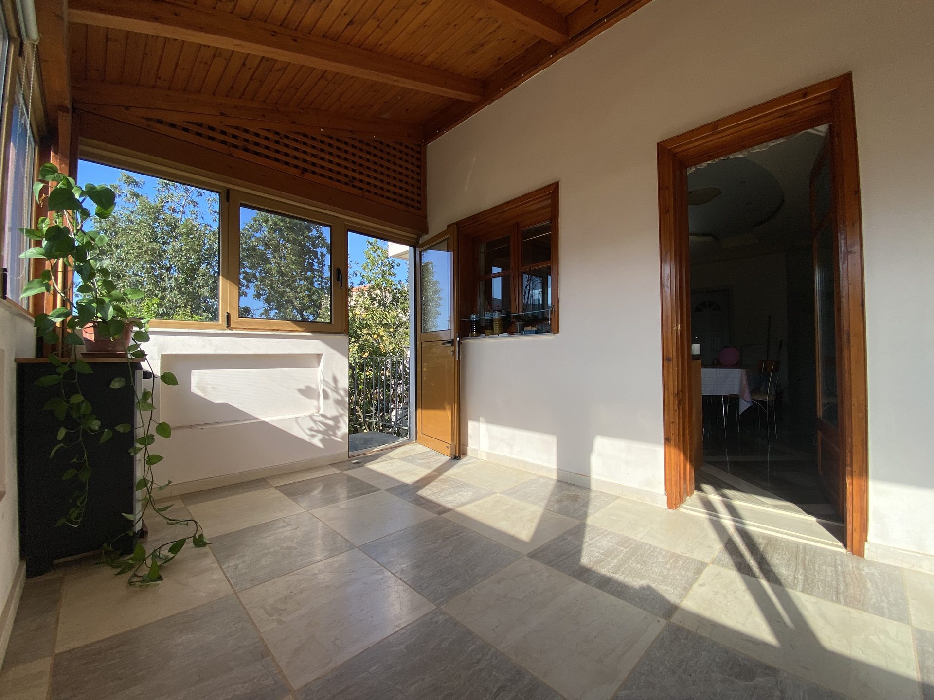 Sunroom with potted plants, opening onto the dining room